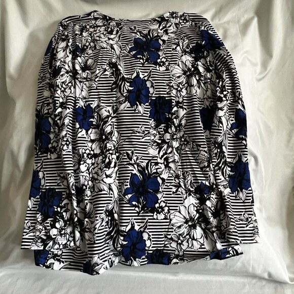 CJ Banks Womens Floral & Stripe Print Long Sleeve Top X Black/White/Blue - Picture 3 of 3